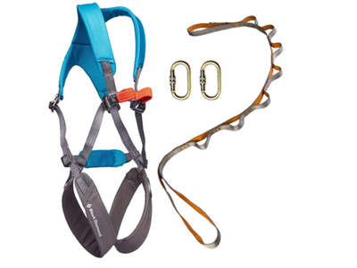 Child's full body harness with two carabiners and daisy chain